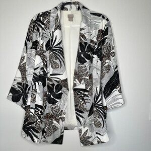 Chicos Tropical Print Draped Jacket Womens XL White Black Open Front